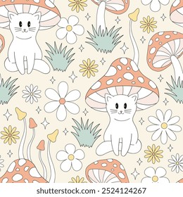 Magic mushroom cat vector seamless pattern. Cat vibes background. 