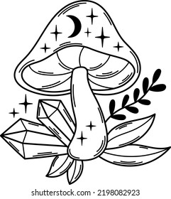 Magische Pilzkristalle Vektorklammer Kunst. Mystical boho celestial line Art Pilze Illustration