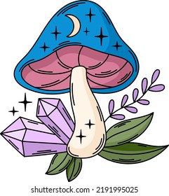 Magische Pilz-Kristall-Vektorklammer Kunst. Mystische Boho-Himmelpilze - Illustration