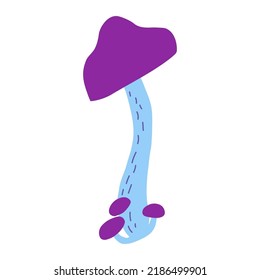 Magic mushroom decorative in cold violet and blue colors. Hand drawn vector illustration