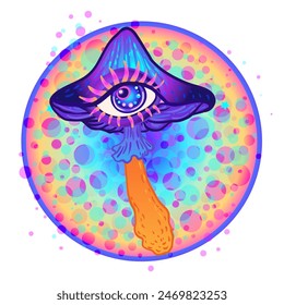 Seta mágica con un ojo. Alucinación psicodélica. Colección de Ilustración vectorial vibrante aislada en blanco. Arte colorido hippie de los años 60 en colores ácidos vivos.