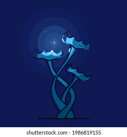 Magic mushroom in fairy-tale on dark background. Mysterious and beautiful light with fireflies on background.