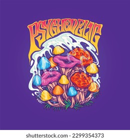 Magic mushroom family plant with psychedelic typeface illustrations vector for your work logo, merchandise t-shirt, stickers and label designs, poster, greeting cards advertising business company 