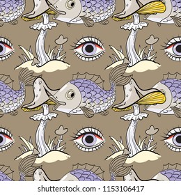 magic mushroom, fish, eye seamless pattern