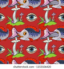 magic mushroom, fish, eye seamless pattern