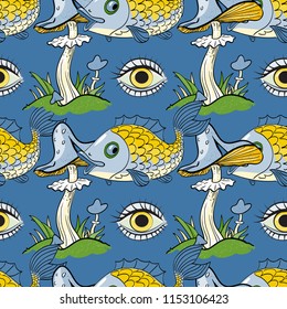 magic mushroom, fish, eye seamless pattern