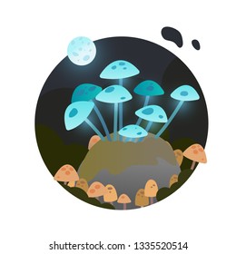 Magic mushroom in the magic forest circle on white background vector illustartion flat desing
