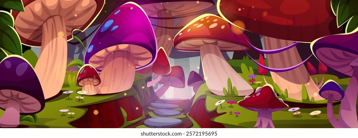 Magic mushroom forest landscape - giant colorful toadstools with glowing spots, winding stone path through mystical grove. Fantasy woodland scene with vibrant caps, green grass, tiny luminous flowers.