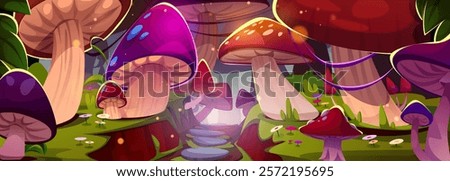 Magic mushroom forest landscape - giant colorful toadstools with glowing spots, winding stone path through mystical grove. Fantasy woodland scene with vibrant caps, green grass, tiny luminous flowers.