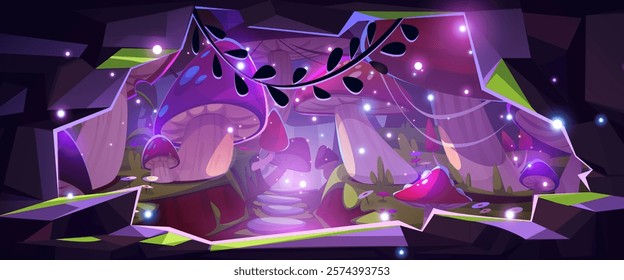 Magic mushroom forest at night - view from inside cave. Glowing fungi scattered across mystical landscape. Purple illuminated environment with luminescent plants, fireflies, leafy vines, stone path.