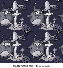 magic mushroom, funny monster and ladybug seamless pattern