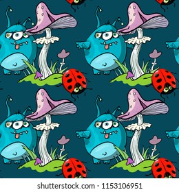 magic mushroom, funny monster and ladybug seamless pattern