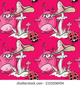 magic mushroom, funny monster and ladybug seamless pattern