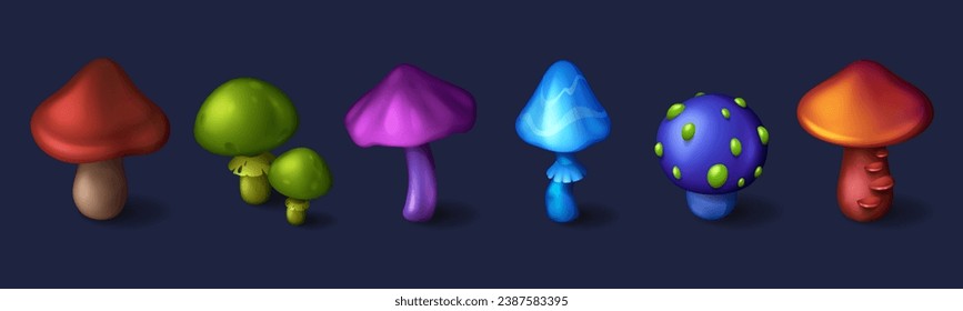 Magic mushroom for game forest interface design. Cartoon vector illustration set of various fantasy fairy tale fungus isolated on dark background. psychedelic alien funny fungi for poison making.