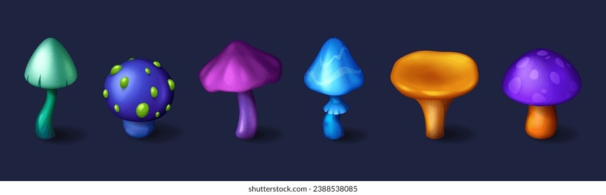 Magic mushroom for game forest interface design. Cartoon vector illustration set of various fantasy fairy tale fungus isolated on dark background. psychedelic alien funny fungi for poison making.