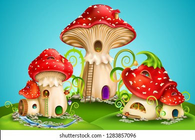 Magic mushroom group  fairy houses red mushrooms and water mill  golden bell   owls