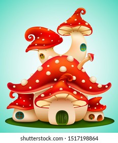 Magic mushroom group. fairy houses red mushrooms with windows and doors on blue background