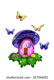 the magic mushroom house with butterflies on white background vector
