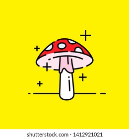 Zauberpilzsymbol. Rot mit weißen Flecken Waldpilz Toadstool Symbol einzeln auf gelbem Hintergrund. Fliegen Sie agrarischer Pilz. Vektorillustration.