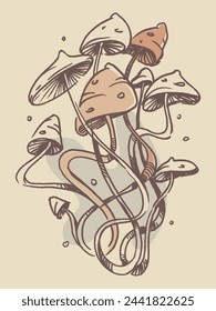 Magic mushroom. Meadow with mushrooms. Nature. Botanical Line drawing