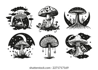 Magic mushroom and moon   stars set  Vector silhouette  black line contour drawing celestial collection fungus fantasy mushrooms 
