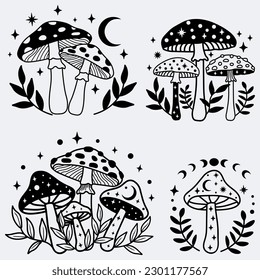 Magic mushroom with moon and stars, witchcraft symbol,Celestial Mystical boho mushrooms, 
 witchy esoteric objects, floral mystical elements fungi,Hand drawn illustration
