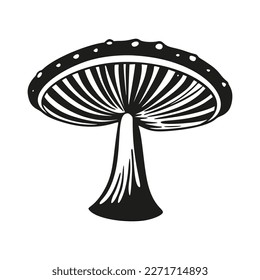 Magic mushroom nature vector silhouette black line contour drawing with fungus print