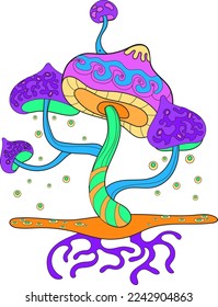 Magic mushroom. Neon fungi. Fantasy forest plant isolated on white background