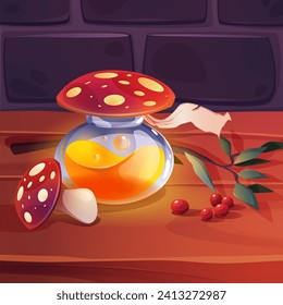 Magic mushroom potion on wooden table in ancient alchemy lab. Vector cartoon illustration of liquid elixir in glass bottle, fly agaric, green branch and red berries, witchcraft or medicine ingredients