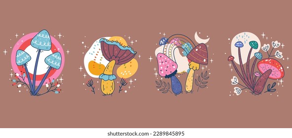 Magic mushroom psychedelic art trippy vintage isolated set. Vector cartoon graphic design element illustration