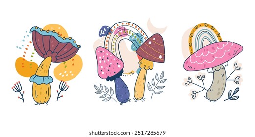 Magic mushroom psychedelic art trippy vintage isolated set. Vector cartoon graphic design element illustration