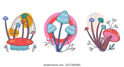 Magic mushroom psychedelic art trippy vintage isolated set. Vector cartoon graphic design element illustration