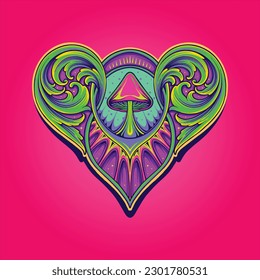 Magic mushroom with psychedelic engraving ornament heart shape illustrations vector for your work logo, merchandise t-shirt, stickers and label designs, poster, greeting cards advertising business com