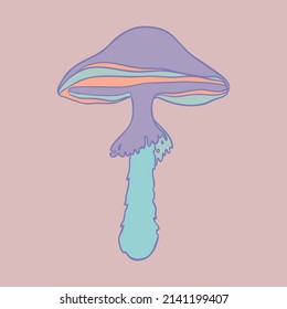 Magischer Pilz.  Psychedelische Halluzinationen. Vektorgrafik in Pastellfarben einzeln. Trippy-Hippie-Kunst der 60er Jahre für Aufkleber, Patch oder Poster-Design.