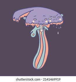 Magic mushroom.  Psychedelic hallucination. Vector illustration in pastel colors isolated. 60s trippy hippie art for sticker, patch or poster design.