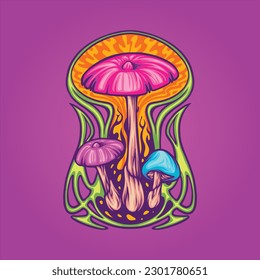 Magic mushroom psycho plant with art nouveau background frame illustrations vector for your work logo, merchandise t-shirt, stickers and label designs, poster, greeting cards advertising business comp