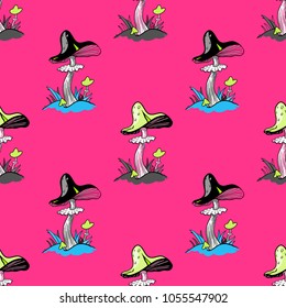 Magic mushroom seamless pattern. Original design for print or digital media.