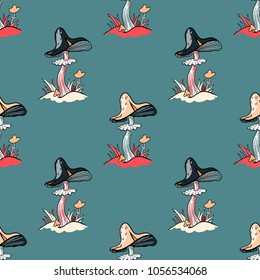 Magic mushroom seamless pattern. Original design for print or digital media.