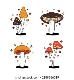 Magic mushroom set. Different colored mushroom symbols. Psychedelic mushrooms sketch illustration. Mushrooms in hippie 70s retro style.