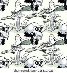 Magic mushroom, skull and seagull seamless pattern