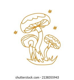 Magic mushroom and stars Outline vector illustration