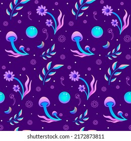 Magic Mushroom Vector Seamless Pattern. Awesome for classic product design, fabric, backgrounds, invitations, packaging design projects. Surface pattern design.