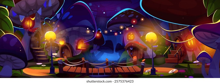 Magic mushroom village at night - glowing fairy homes with wooden bridge and luminous lanterns. Fantasy dark forest scene with giant toadstools, twinkling fireflies lights, enchanted pathways.