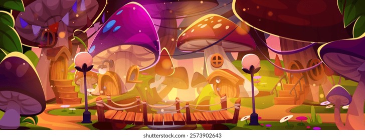 Magic mushroom village with wooden bridge connecting fairy houses built into giant fungi. Fantasy forest setting illuminated by sunlight with cottage toadstools, enchanted path with lanterns.