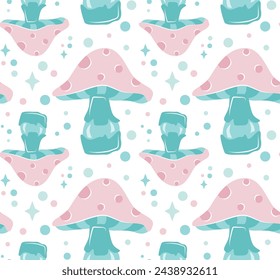 A magic mushroom with a wide cap in the style of a fly agaric. Symbol of magic and mysticism. A seamless vector pattern that is suitable for backgrounds and prints.