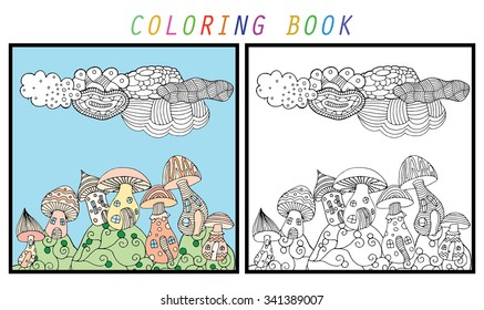 Magic mushroom world illustration - coloring book 