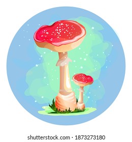 Magic mushrooms. Amanita on a blue background. Fireflies and smoke. Nice sticker.