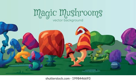 Magic mushrooms background or game scenery with fantasy plants, flat vector illustration. Fantasy mushroom forest or alien planet landscape banner or layout.