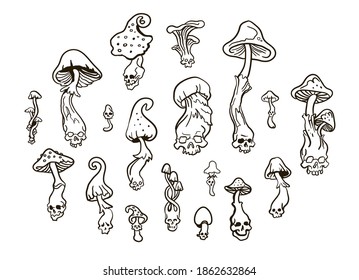 Magic mushrooms  Black   white illustration set Vector  Decorative element for halloween pagan witchcraft theme  black magic Perfect for tattoo  textile  mystery
