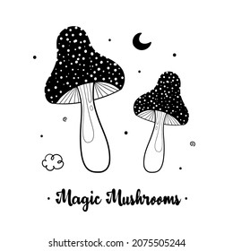 Magic mushrooms black and white vector card, illustration with couple of dotted mushrooms with design elements.